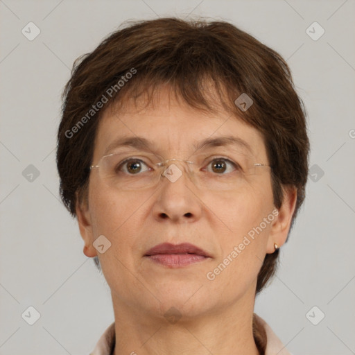 Neutral white adult female with short  brown hair and brown eyes