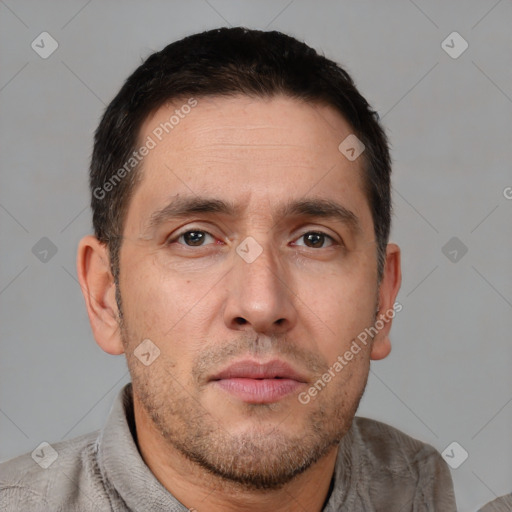 Neutral white adult male with short  brown hair and brown eyes