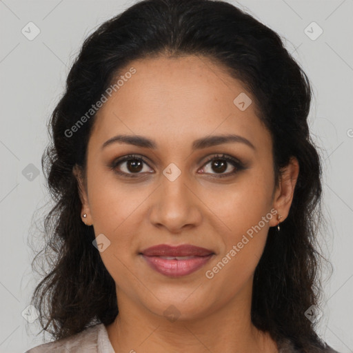 Joyful latino young-adult female with long  brown hair and brown eyes