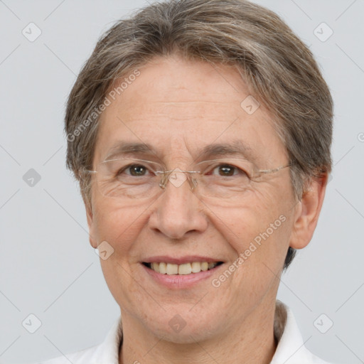 Joyful white middle-aged female with short  brown hair and brown eyes