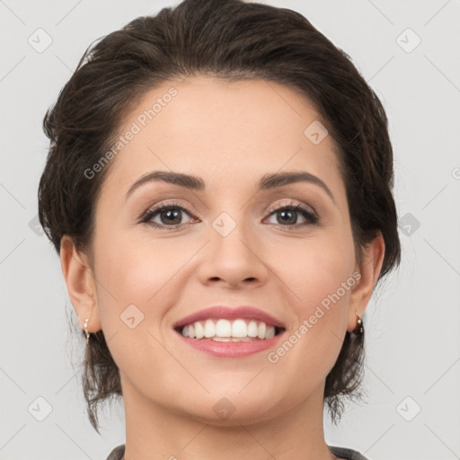 Joyful white young-adult female with medium  brown hair and brown eyes