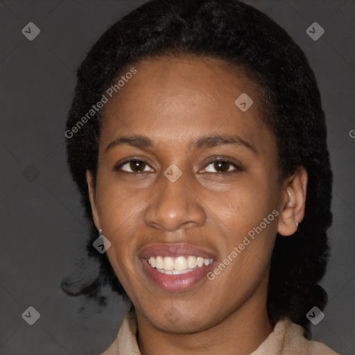 Joyful latino young-adult female with short  black hair and brown eyes