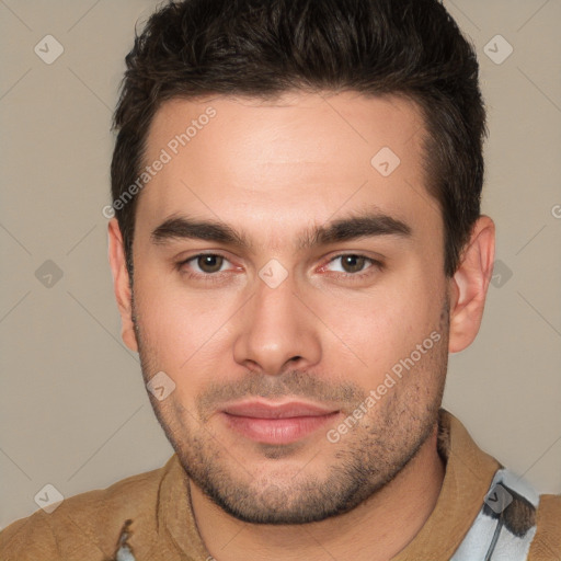 Joyful white young-adult male with short  brown hair and brown eyes