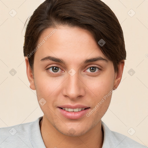 Joyful white young-adult female with short  brown hair and brown eyes