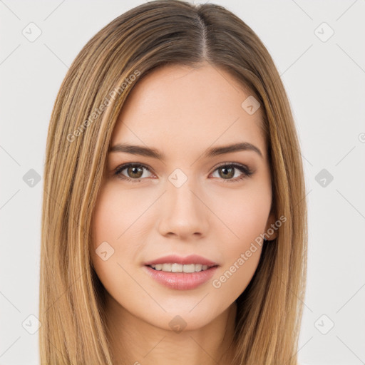 Neutral white young-adult female with long  brown hair and brown eyes