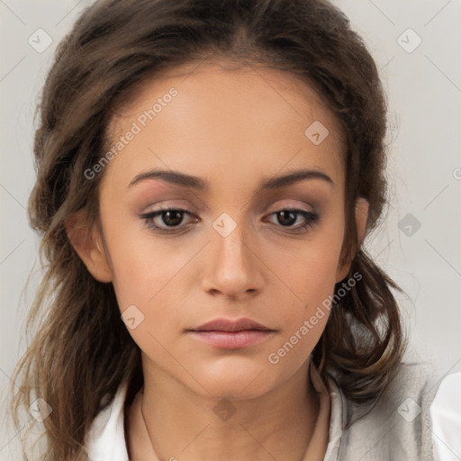 Neutral white young-adult female with medium  brown hair and brown eyes