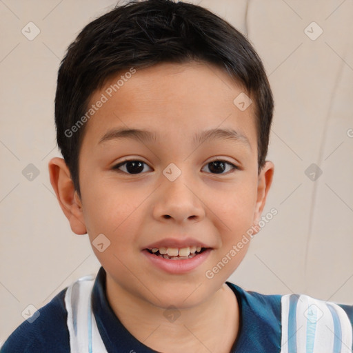 Joyful white child male with short  brown hair and brown eyes