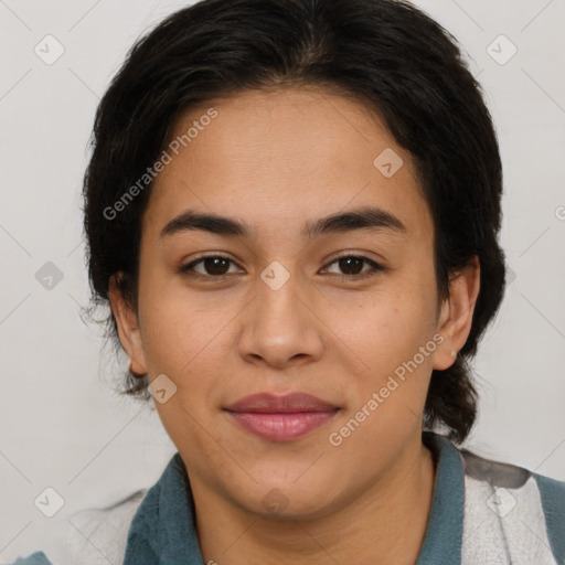 Joyful latino young-adult female with medium  brown hair and brown eyes