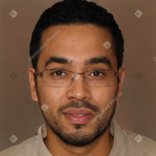 Joyful latino young-adult male with short  black hair and brown eyes