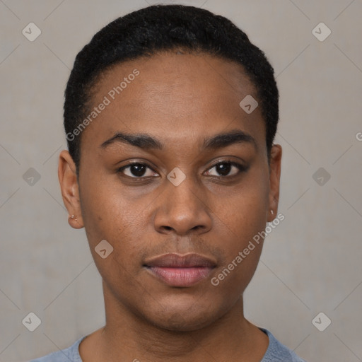 Neutral black young-adult male with short  black hair and brown eyes