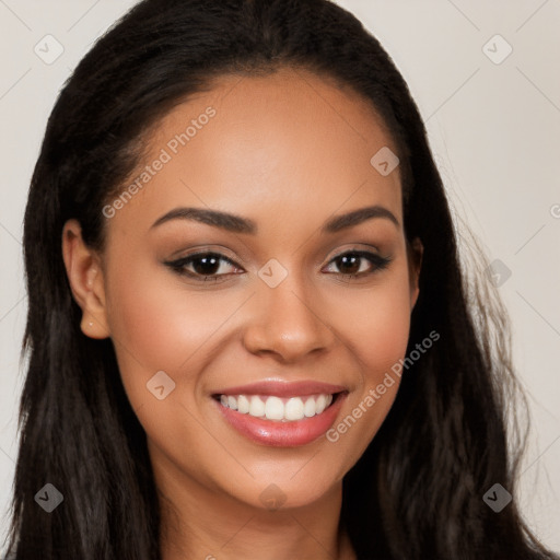 Joyful latino young-adult female with long  brown hair and brown eyes