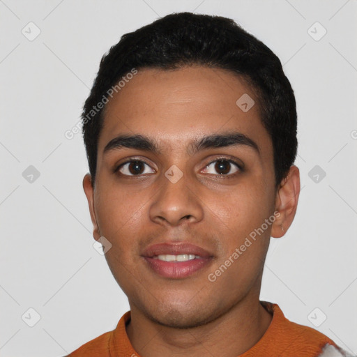 Neutral latino young-adult male with short  black hair and brown eyes