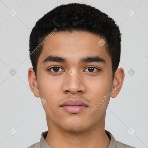 Neutral latino young-adult male with short  black hair and brown eyes