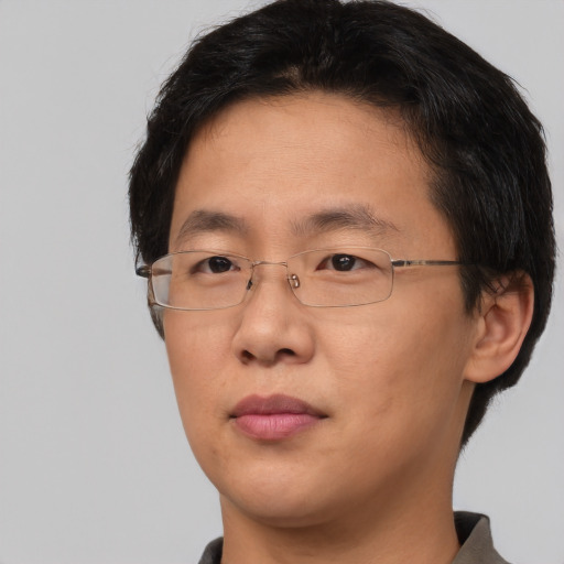 Neutral asian adult male with short  brown hair and brown eyes