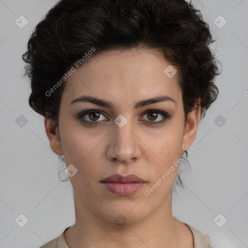 Neutral white young-adult female with short  brown hair and brown eyes