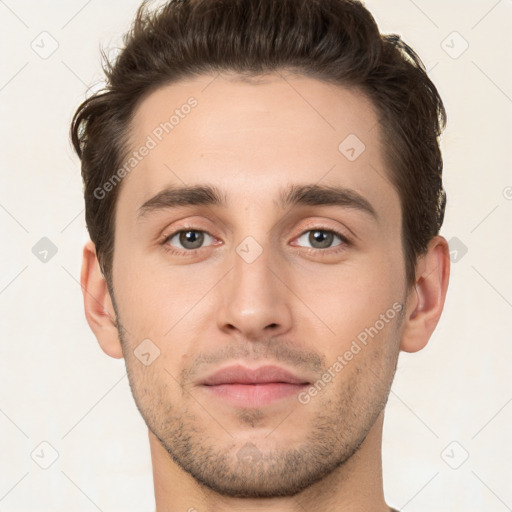 Neutral white young-adult male with short  brown hair and brown eyes