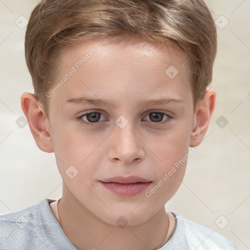 Joyful white child female with short  brown hair and grey eyes