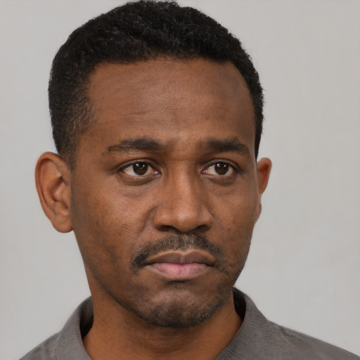 Neutral black young-adult male with short  black hair and brown eyes