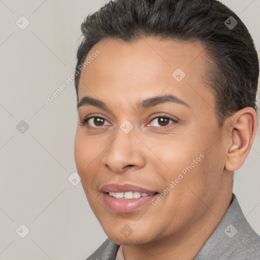 Joyful white young-adult female with short  brown hair and brown eyes