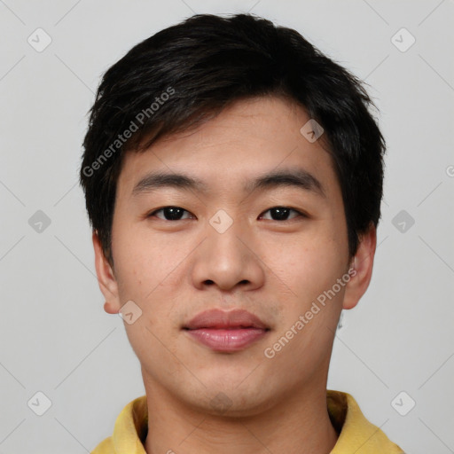 Neutral asian young-adult male with short  black hair and brown eyes