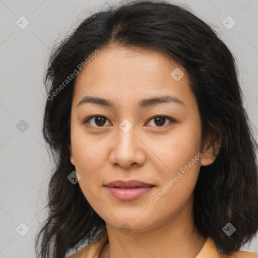 Joyful asian young-adult female with long  brown hair and brown eyes