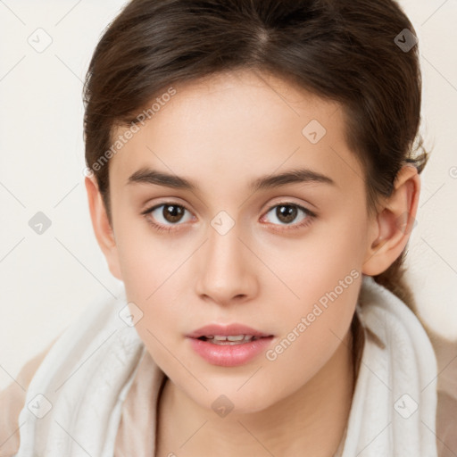 Neutral white young-adult female with medium  brown hair and brown eyes