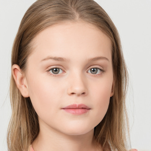 Neutral white child female with long  brown hair and grey eyes