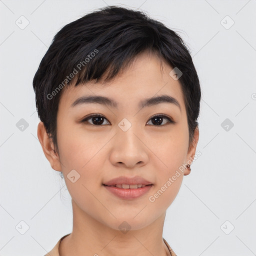 Joyful asian young-adult female with short  black hair and brown eyes