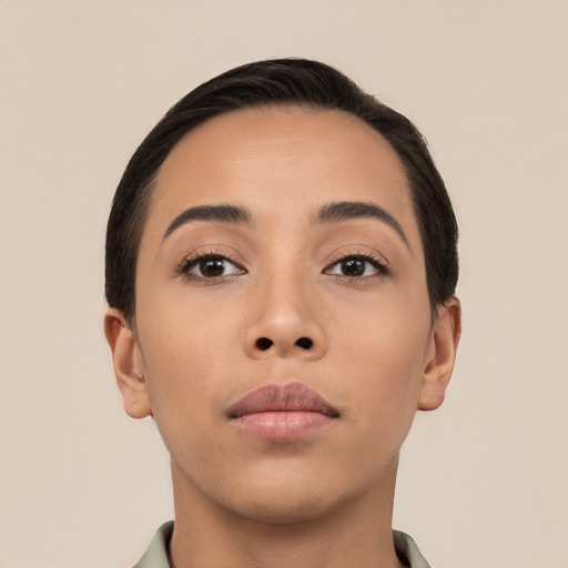 Neutral asian young-adult female with short  black hair and brown eyes