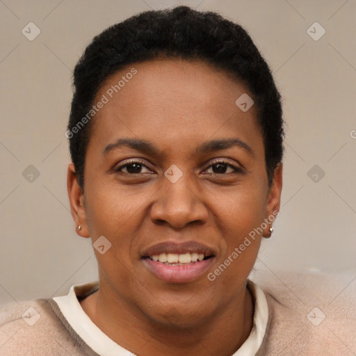 Joyful black young-adult female with short  black hair and brown eyes