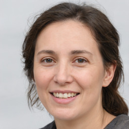 Joyful white adult female with medium  brown hair and brown eyes