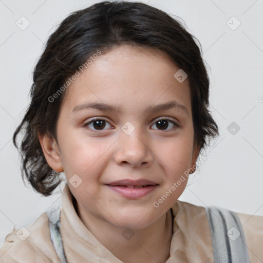 Joyful white child female with medium  brown hair and brown eyes