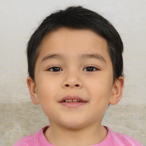 Joyful asian child male with short  brown hair and brown eyes