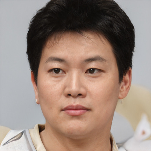 Neutral asian young-adult male with short  brown hair and brown eyes