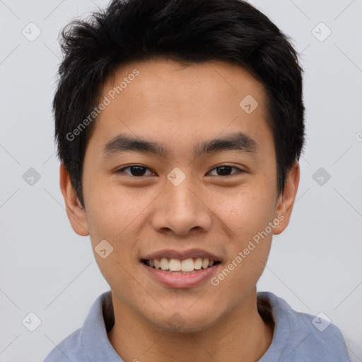 Joyful asian young-adult male with short  brown hair and brown eyes