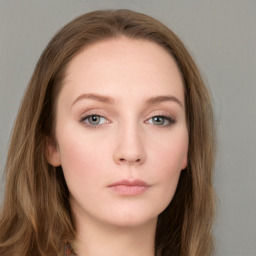Neutral white young-adult female with long  brown hair and grey eyes