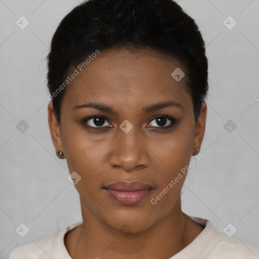 Joyful black young-adult female with short  black hair and brown eyes