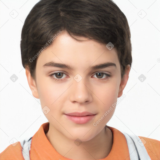 Joyful white child female with short  brown hair and brown eyes