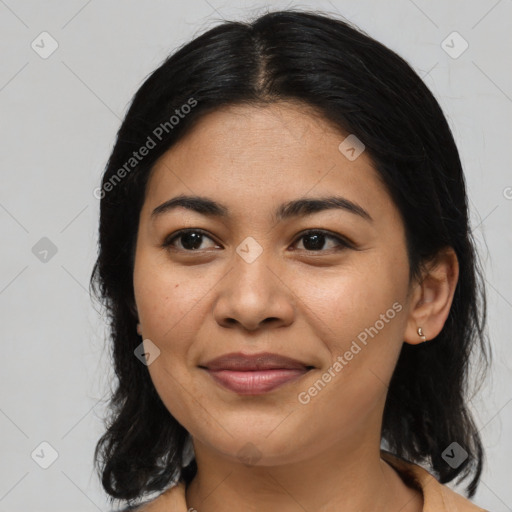 Joyful asian young-adult female with medium  black hair and brown eyes