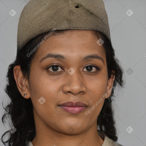 Joyful black young-adult female with medium  brown hair and brown eyes