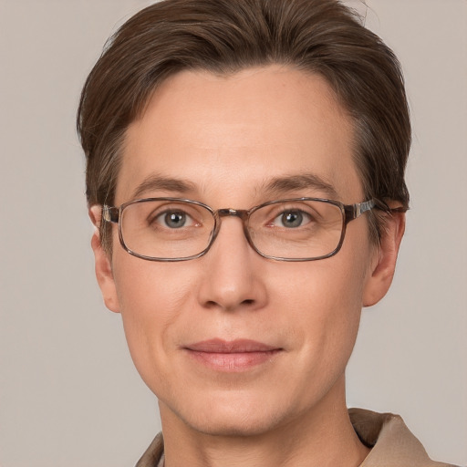 Joyful white adult male with short  brown hair and grey eyes