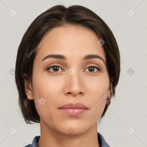 Neutral white young-adult female with medium  brown hair and brown eyes