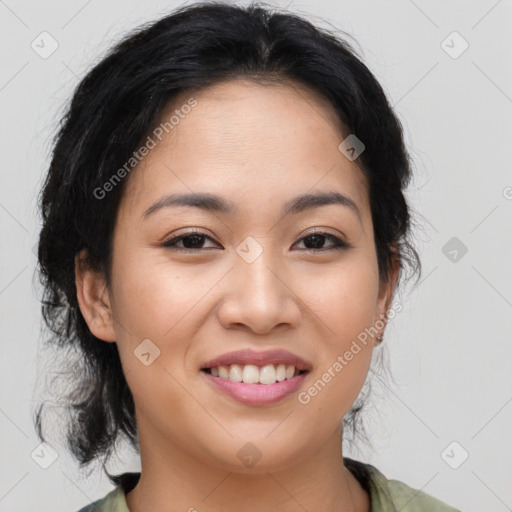 Joyful asian young-adult female with medium  brown hair and brown eyes