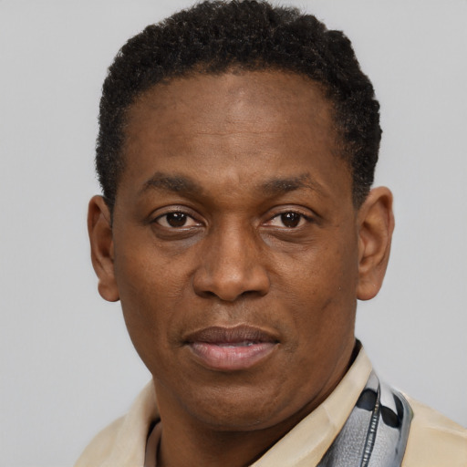 Neutral latino adult male with short  black hair and brown eyes