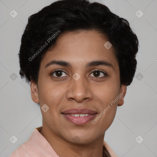 Joyful latino young-adult female with short  brown hair and brown eyes