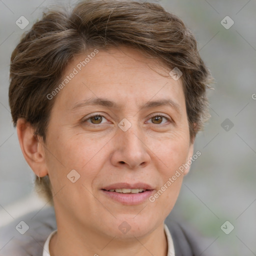 Joyful white adult female with short  brown hair and brown eyes