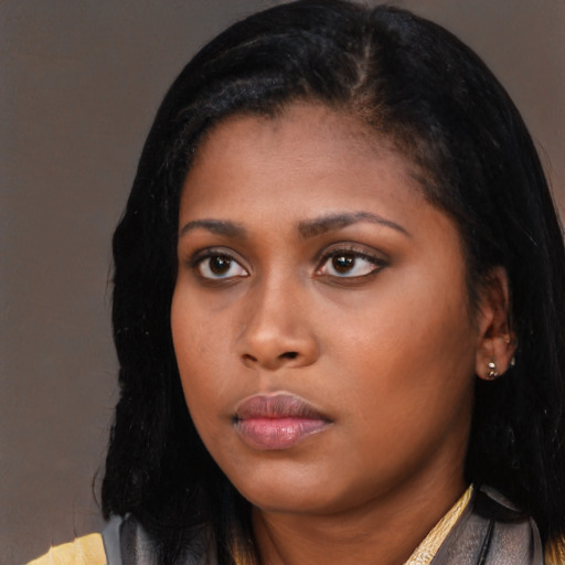 Neutral asian young-adult female with long  black hair and brown eyes
