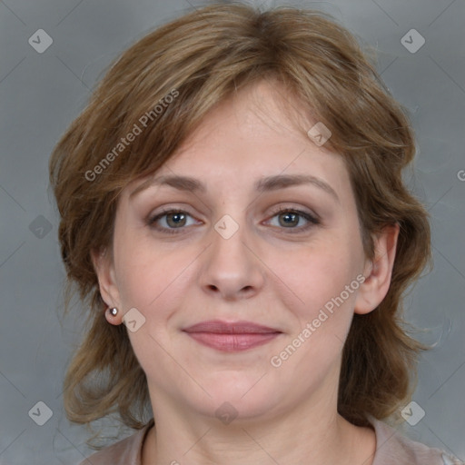 Joyful white young-adult female with medium  brown hair and grey eyes