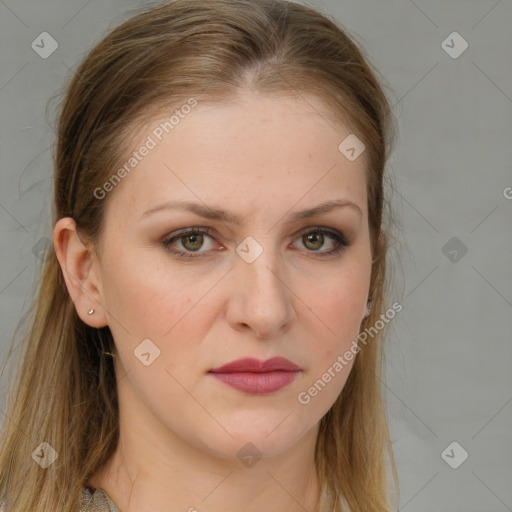 Joyful white young-adult female with long  brown hair and grey eyes