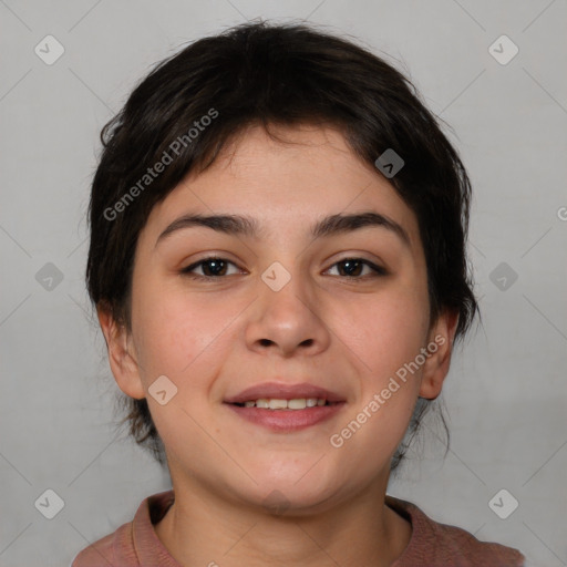 Joyful white young-adult female with medium  brown hair and brown eyes